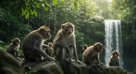 Monkeys sitting on rocks near a waterfall in a lush green forest.