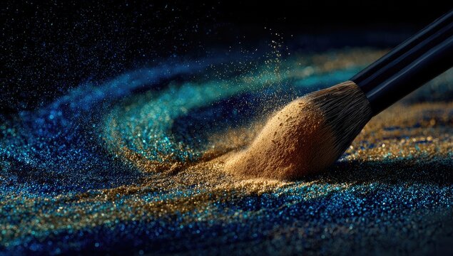 Makeup brush applying golden and blue eyeshadow