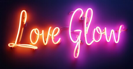 Bright neon sign displays words Love Glow. Vivid colors contrast dark background. Modern aesthetic, simple design. Romantic, positive message.