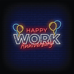 happy work anniversary neon sign with brick wall background vector