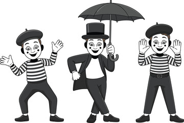 Cartoon Mimes Performing in Classic Outfits with Expressions and Gestures – Funny Theater Characters Vector Illustration for Entertainment and Art Concepts