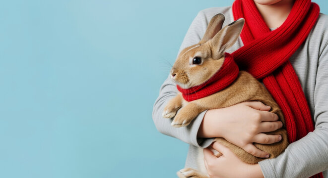 a child with a red scarf holding a cute rabbit in their arms on a light blue background