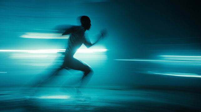 Motion blur silhouette of man running fast, cinematic blue light trails, athletic sprinter in high speed action shot