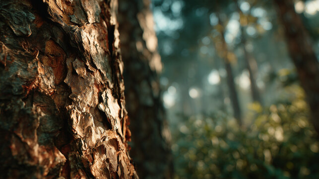 Textured pine tree bark close up, rugged wood surface in forest, natural brown timber trunk, woodland scenery