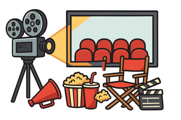 Cinema movie production equipment set. Vector cartoon icons for film festival. Vintage camera, screen, director chair, clapperboard, popcorn. Retro filmmaking illustration.