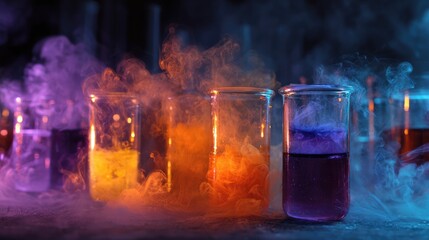 Chemical Reaction in Beakers: Dynamic chemistry experiment unfolds with vibrant colors and billowing smoke inside of transparent beakers in laboratory environment.