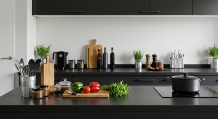 Modern kitchen setup with fresh ingredients and cooking tools