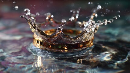  Majestic Crown's Ripple: A golden crown sits in a puddle of water as droplets create a beautiful water splash, representing elegance, power and royalty