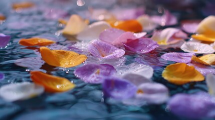 Floral Symphony: A captivating overhead shot of delicate flower petals gracefully floating atop a tranquil, reflective surface, evoking serenity and natural beauty.