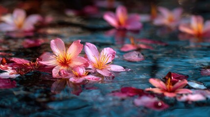 Floating Blossoms of Serenity: Delicate pink cherry blossoms drift gently on the water's surface, their petals scattered, creating a scene of tranquility and natural beauty.