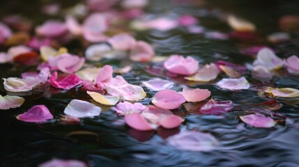 Petal Promenade: Soft petals gently float atop the water, a mesmerizing dance of nature's beauty, as a single petal catches the light.
