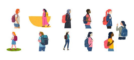 A diverse group of people carrying backpacks, representing education, travel, and the pursuit of knowledge