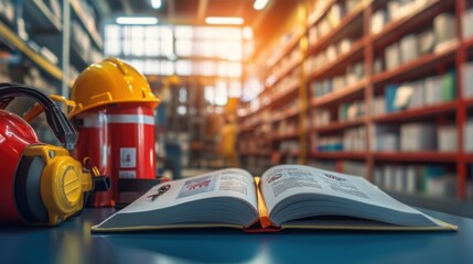 guidebook open on a desk with emergency contact numbers and safety procedures, surrounded by safety gear like helmets and fire extinguishers, with a blurred background