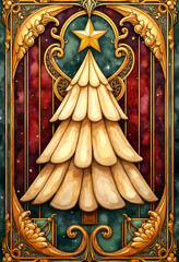 Art Nouveau Style Christmas Tree with Ornate Frame - Illustration of a golden Christmas tree inspired by Art Nouveau design. Intricately framed with ornate, flowing patterns and vibrant colours.