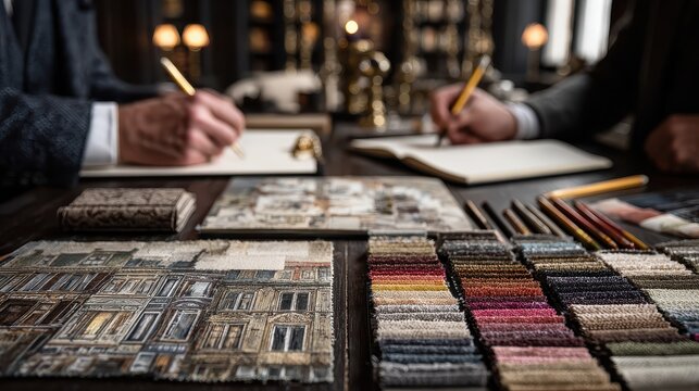 Interior designers at work brainstorming for a new project at office, discussing color palettes and design ideas, taking notes
