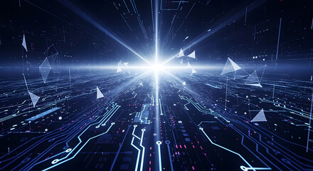 Futuristic technological concept of digital data flowing through a glowing circuit board with bright light at the end of a tunnel representing data transfer and connectivity