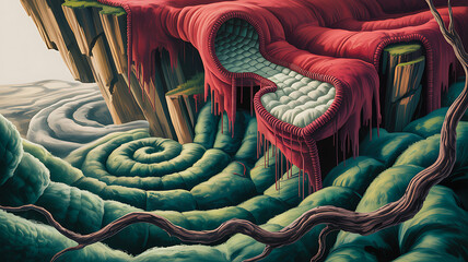 A pixelated landscape with red cliffs and spiral patterns in a retro style