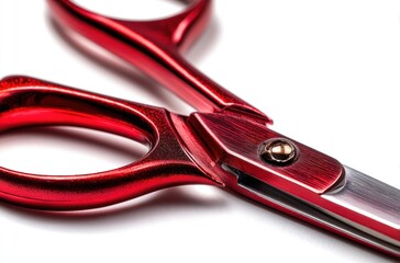 A macro shot of red-handled, metal scissors against a bright white background, focusing on the handle and blade joint, showcasing detail and texture