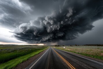 An expansive road underneath a dramatic stormy sky backdrop
