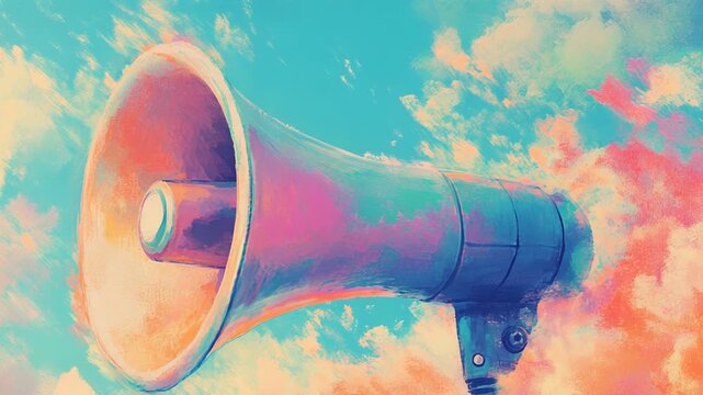 Megaphone amplifying voice in cloudy sky, delivering important announcement