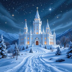 Fototapeta premium Enchanting Fairy Tale Castle Surrounded by Snowy Landscape Under Starry Night Sky