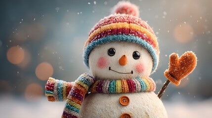Cheerful Snowman with Colorful Hat and Scarf in Winter Wonderland