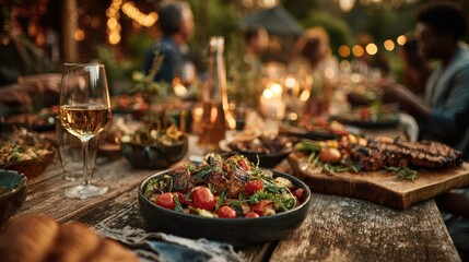 Al fresco dining experience on wood table with grilled vegetables and wine at dusk