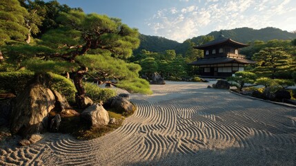 Serene Temple Garden: A breathtaking view of an immaculate Japanese temple garden, with its meticulously raked sand, ancient trees, and a traditional pagoda. The scene is bathed in the soft light.