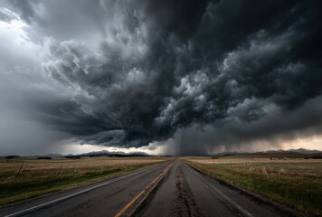An expansive road underneath a dramatic stormy sky backdrop