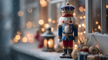 Colorful Nutcracker Figurine near Window with Twinkling Lights