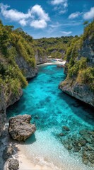 Aerial view of a cove with vibrant turquoise water, lush green cliffs, and a sandy beach under a bright blue sky with scattered clouds