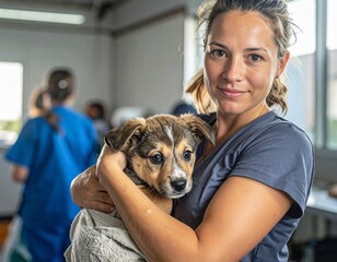 Caring woman cradles a puppy, offering comfort and tenderness in an animal shelter