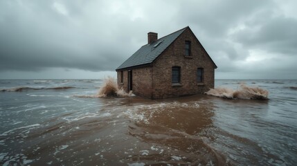 Brick house flooding during storm surge with dramatic sky