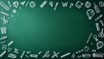Digital illustration of green chalkboard with white chalk school supply doodles