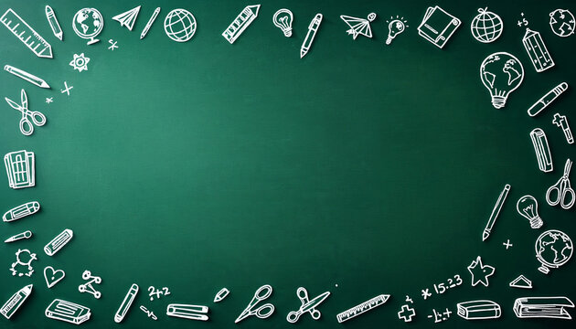 Digital illustration of green chalkboard with white chalk school supply doodles