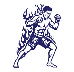Fototapeta premium Silhouette of a muscular boxer surrounded by flames in a dynamic fighting pose