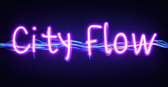 Bright neon sign displays City Flow. Vivid purple glows against dark background. Modern typography creates dynamic visual impact. - Powered by Adobe