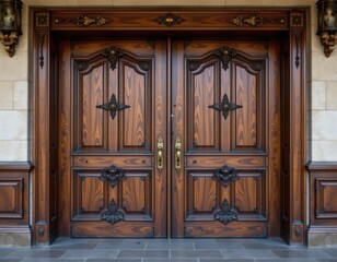Obraz premium Exquisite Wooden Front Doors with Intricate Carvings and Brass Hardware in a Luxurious Setting