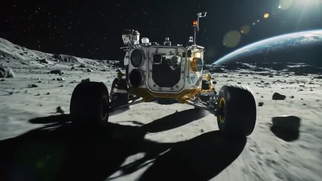 Lunar rover exploring the moon with earth in the background. Perfect for science, technology, space exploration, and educational concepts.