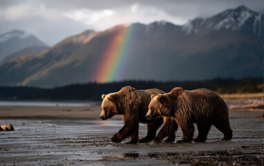Three bears walk across water with a rainbow in the background