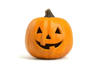 A bright orange, carved Halloween pumpkin with a smiling face is isolated on a white background, casting a soft shadow