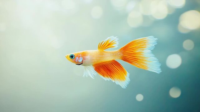 Minimalist cartoon guppy with bright tail, soft clean backdrop
