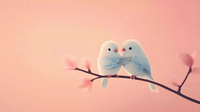Minimalist cartoon lovebirds sitting together, muted pink background