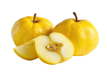 Two whole and one sliced, vibrant yellow apples.  Close-up studio shot.  Smooth, glossy skin.  The interior of the sliced apple reveals a pale yellow flesh and tiny seeds