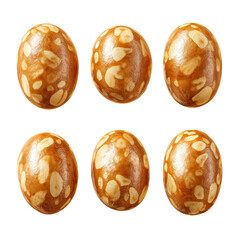 Six glossy, light brown Easter eggs, with a speckled, marbled pattern.  Each egg is a perfect oval,  and the light catches the surface in a way that highlights the pattern.  