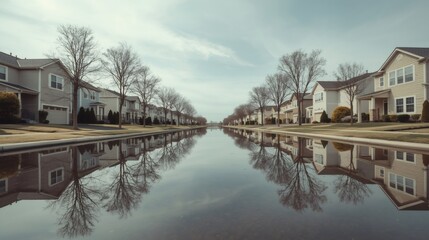 Obraz premium Canal reflecting houses and trees in suburban neighborhood