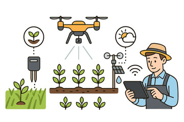 Smart farming technology concept. Farmer with tablet controls agricultural drone, soil sensor, weather station. Modern precision agriculture. Agribusiness IOT innovation vector.