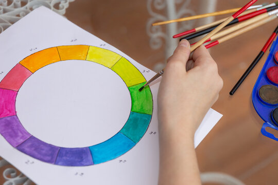 Child’s hands holding paintbrushes next to a color wheel in progress. Watercolor palette and visible school supplies. Unrecognizable person. Concept of early creativity and plastic arts education