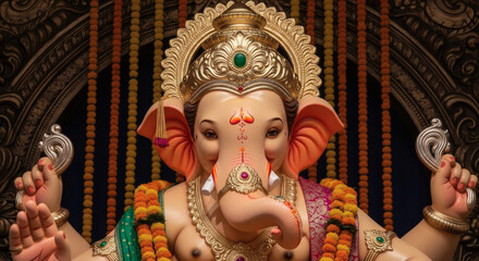 Fototapeta premium Close-up portrait of a Ganesha statue with intricate ornaments and beads on a dark background with warm tones.