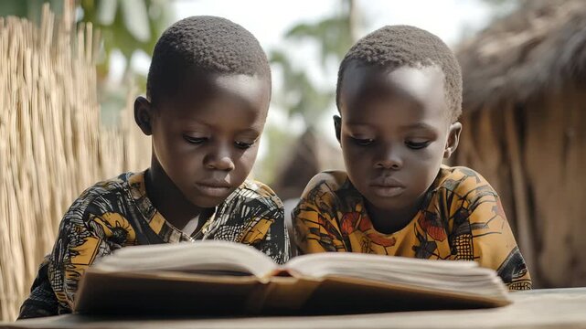 Orphan kids in a reading session, calm and clean white background